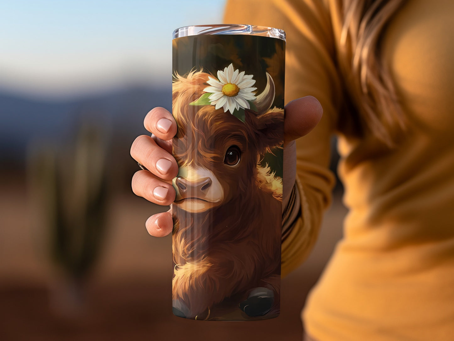 Adorable Highland Cow with Daisy Design Tumbler
