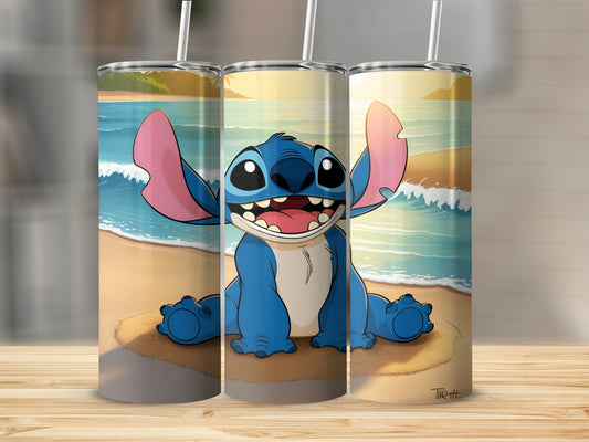 Stitch character on a beach with ocean waves, three tumblers shown.