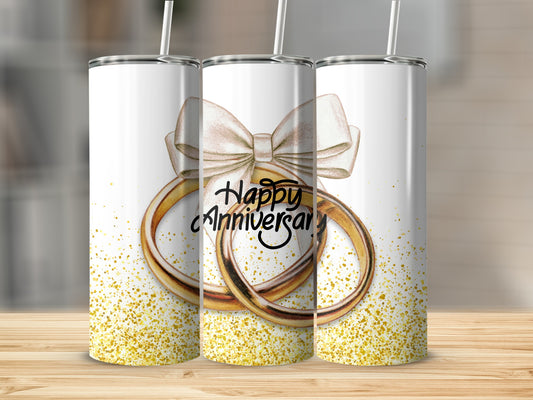Three tumblers with wedding rings and "Happy Anniversary" text.