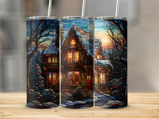 Cozy, snow-covered cottage at dusk with festive lights.