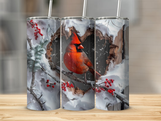Three tumblers featuring a cardinal in a snowy heart-shaped tree opening.
