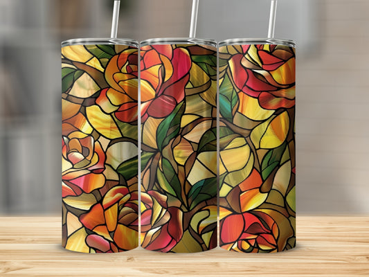 Three tumblers with a stained-glass rose pattern.