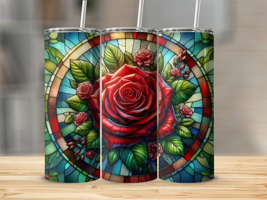 Three tumblers with stained glass rose design.