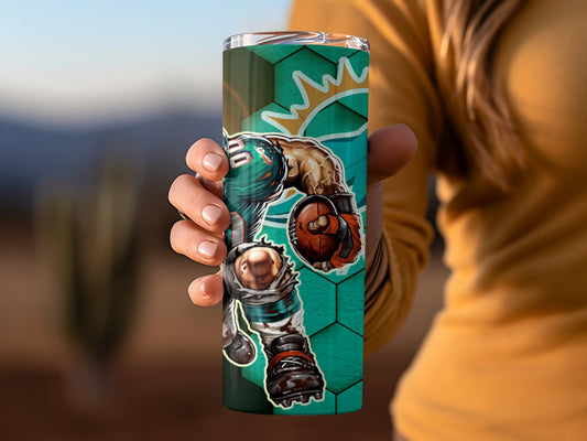 Miami Football Player Logo Teal Hexagons Background Tumblers