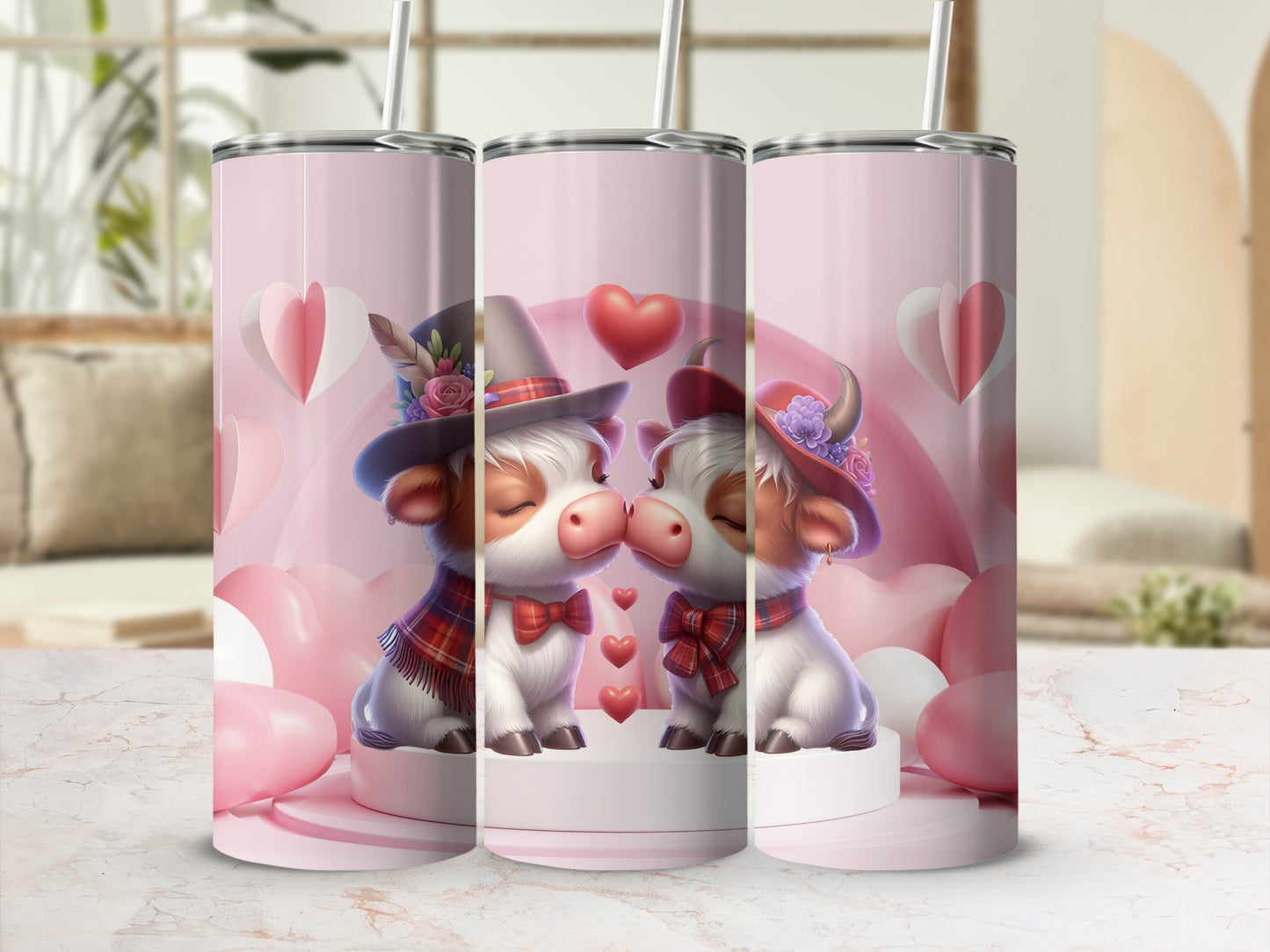 Cute Kissing Cows with Hearts and Balloons Tumbler