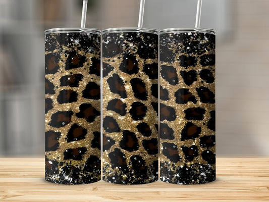 Three tumblers with gold and black leopard print and glitter accents.