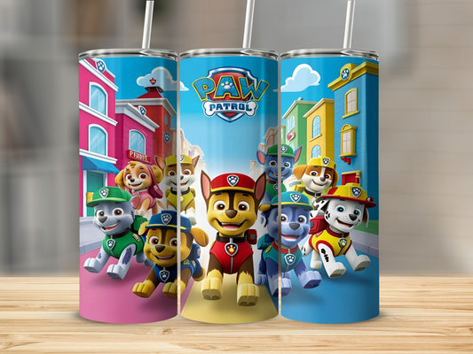 Paw Patrol characters on colorful tumblers in a city setting.