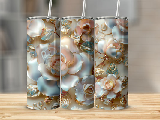 Three tall tumblers with rose and leaf floral design in muted tones.