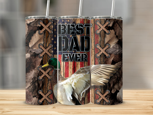 Tarnished wood, American flag, and duck art on tumbler reading "Best Dad Ever".