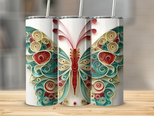 White tumbler with a quilled paper butterfly design.