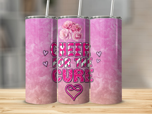 Pink tumbler with "Cheer for the Cure" text and floral design.