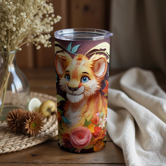 Colorful Lion Cub Artwork on Floral Themed Tumbler