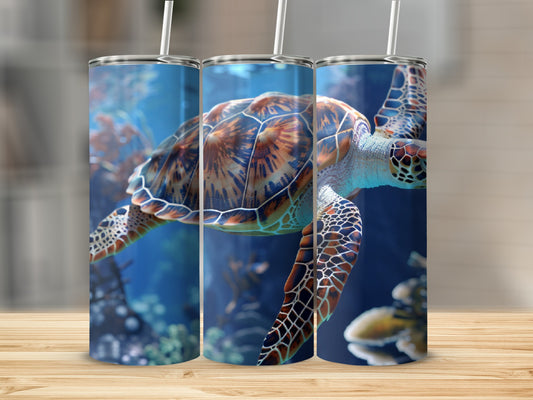 Sea turtle swimming in blue water with coral, three tumblers.