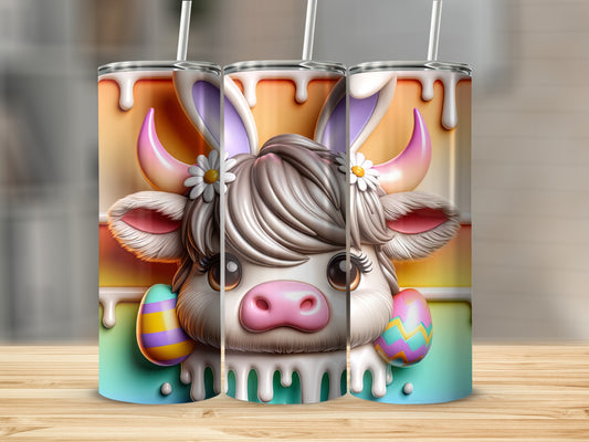 Kawaii cow with bunny ears and Easter eggs on a colorful gradient.