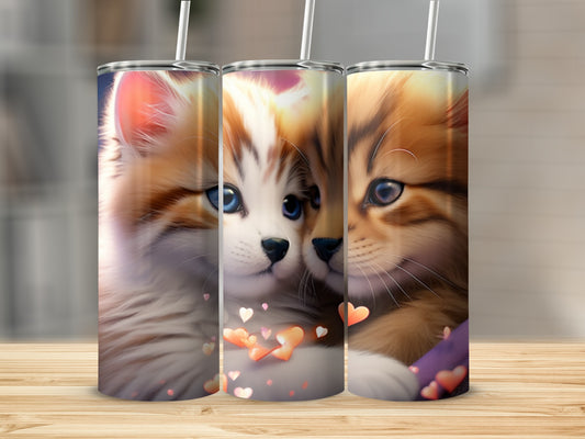 Two fluffy kittens with hearts on a customizable tumbler.
