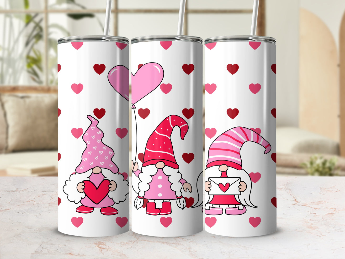 Cute Valentines Gnome Tumbler with Heart Design