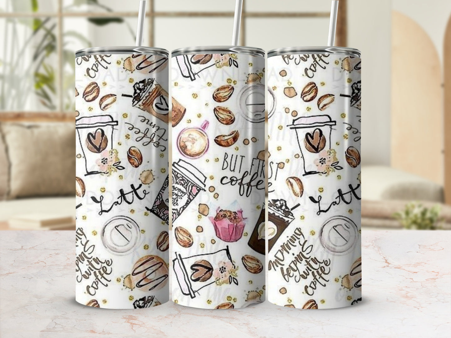 Latte and Coffee Print Tumbler Cup with Straw Trendy