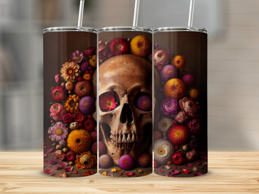 Skull and floral arrangement with colorful flowers on a brown background.