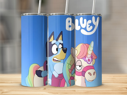 Bluey and Bingo characters on a blue tumbler with a rainbow tail.