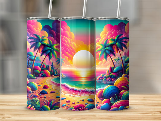 Colorful tropical sunset beach scene with palm trees on a skinny tumbler.