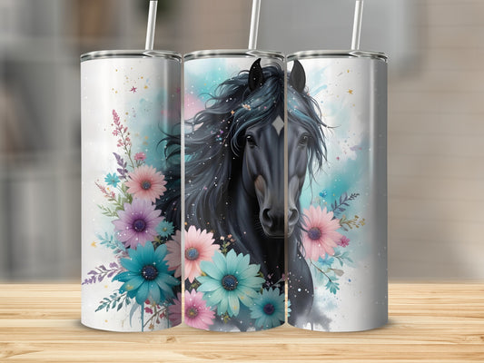 Black horse with colorful flowers on a three-panel tumbler.