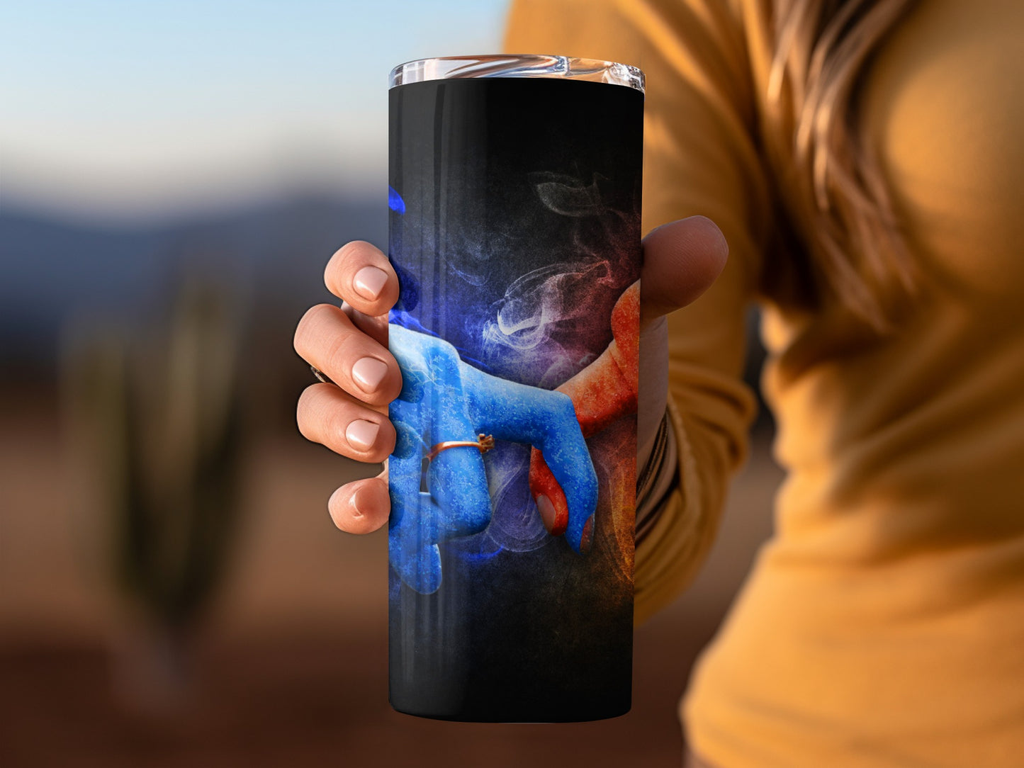 Fire and Ice Hands Touching Romantic Flames Tumblers