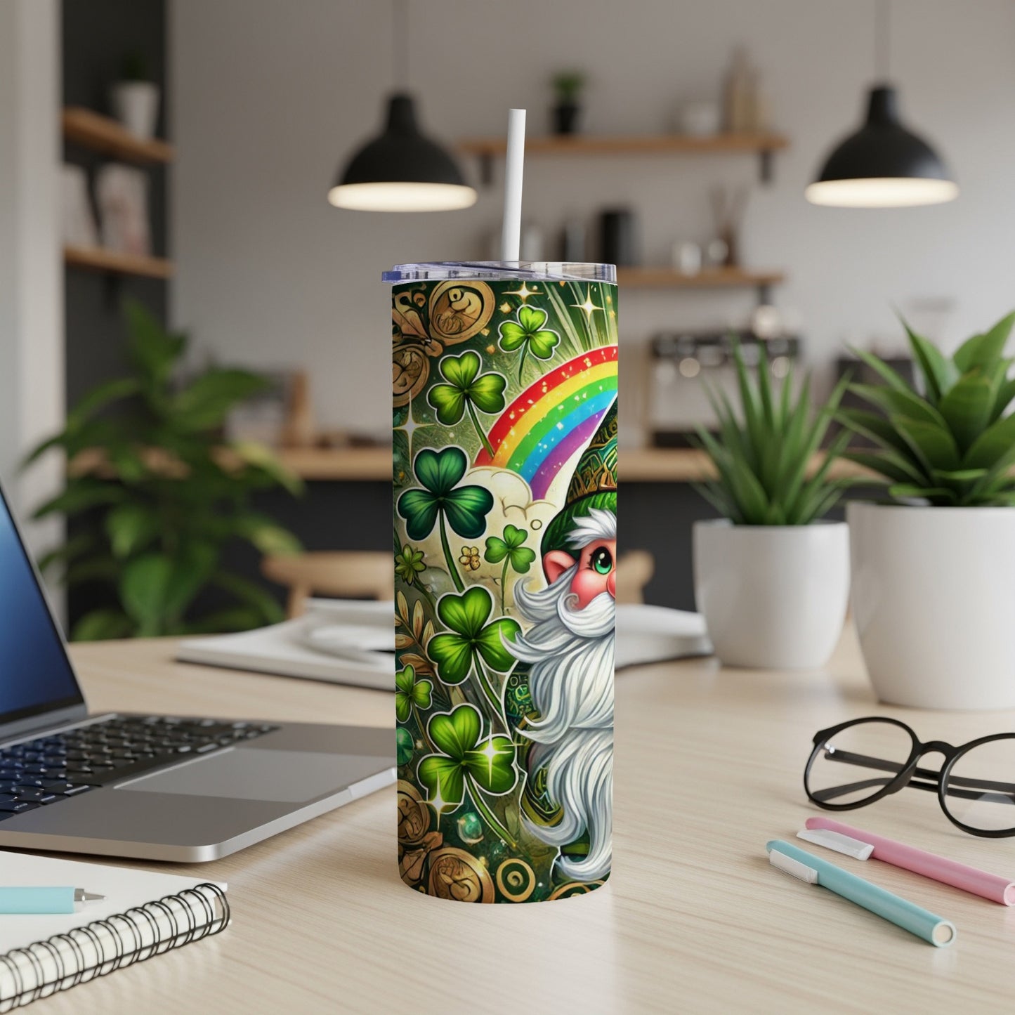 St. Patrick's Day gnome with shamrocks, rainbow, and glitter on a skinny tumbler.