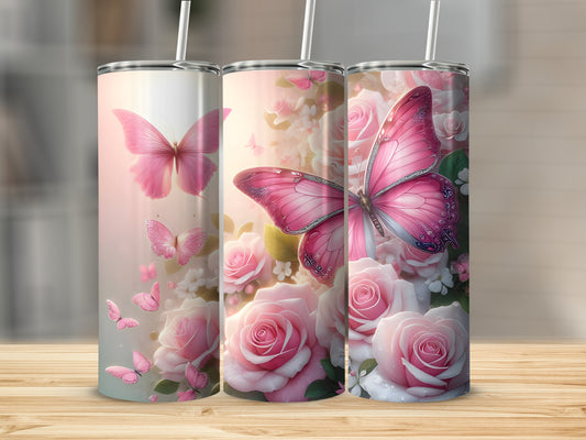 Three tumblers with pink butterflies and roses.