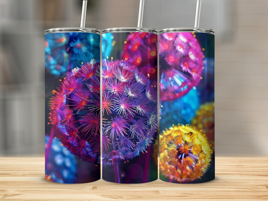 Three colorful, dandelion-like designs wrap around tumblers on a wooden surface.
