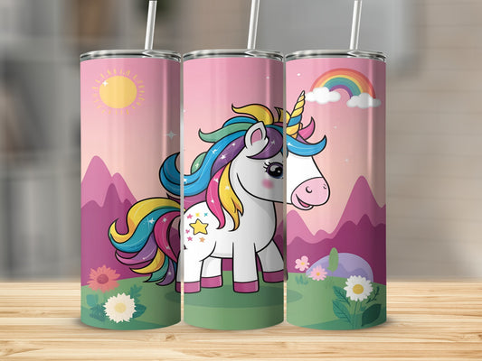 Pink unicorn tumbler with rainbow and sun design.