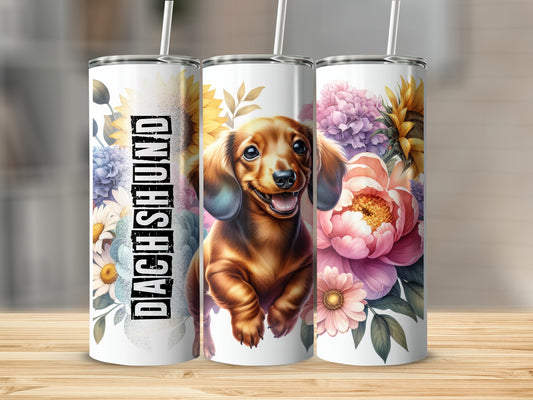 Dachshund with flowers on a tumbler wrap with "DACHSHUND" text.