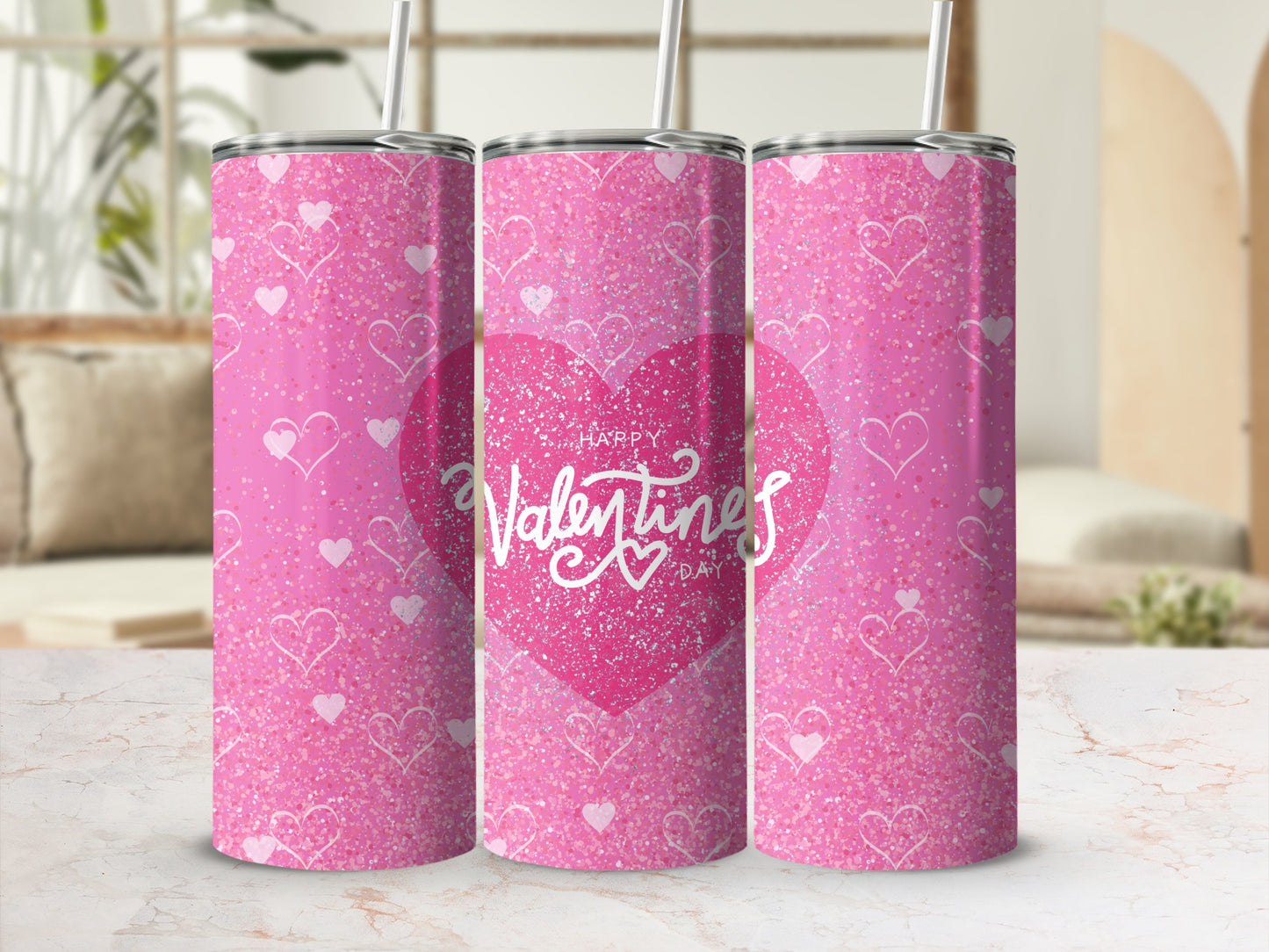 Pink Happy Valentines Day Hearts Sparkling Design Tumbler