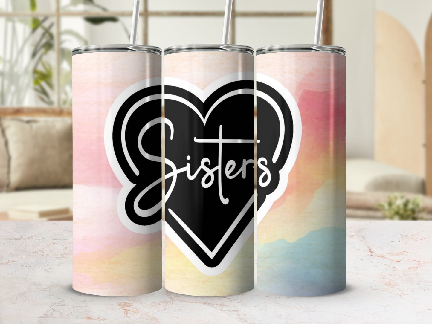 Sisters Pink and Black Heart Tumbler Cup Product