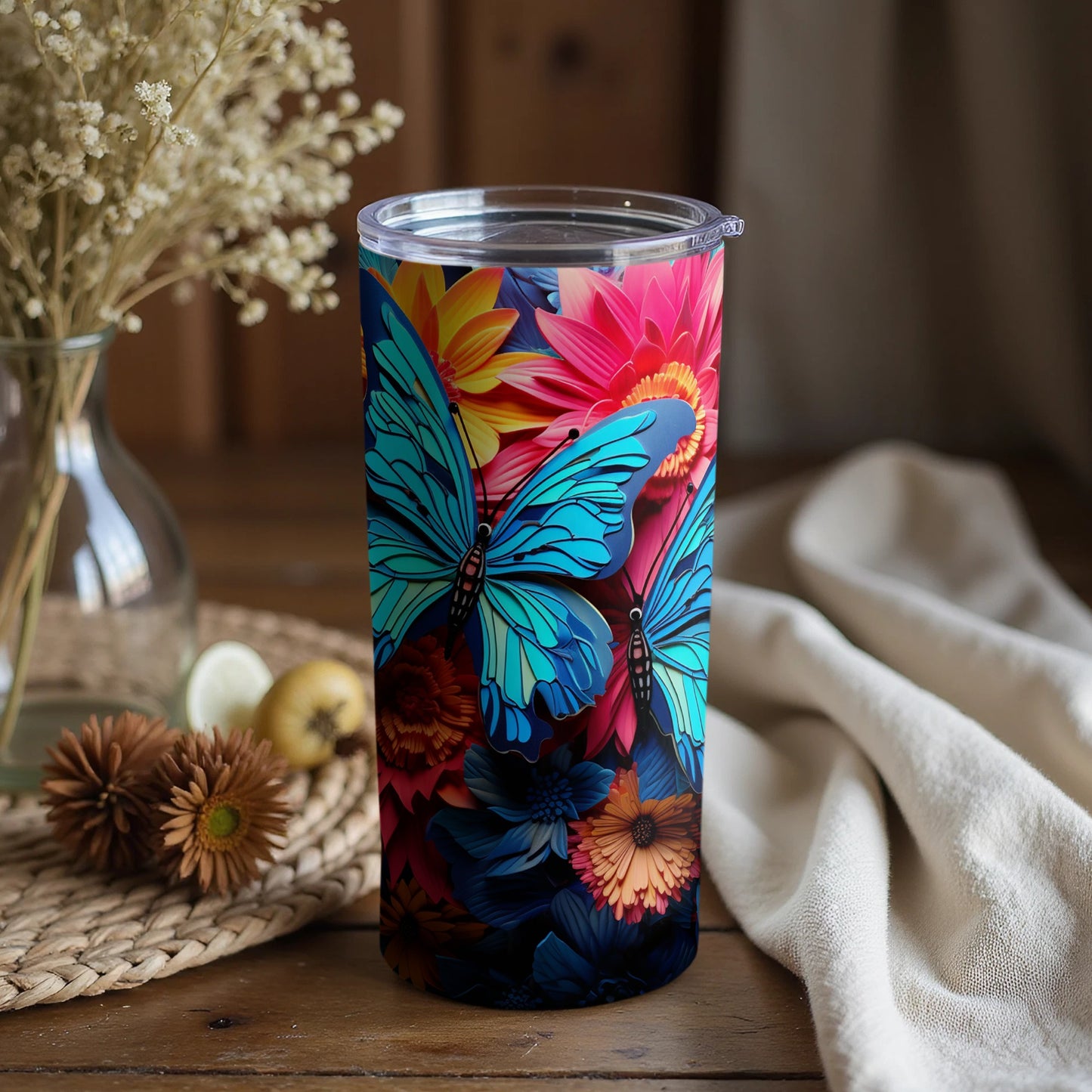 Vibrant Butterfly and Flower Design Insulated Tumbler