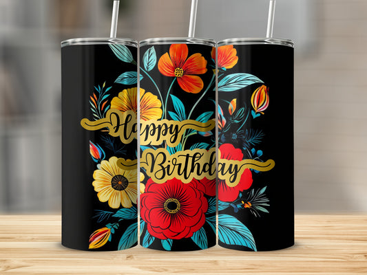 Black tumbler with "Happy Birthday" text and colorful floral design.