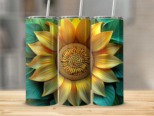 Sunflower tumbler with vibrant petals and green leaves.
