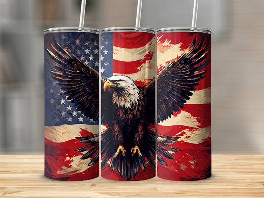 Patriotic tumbler with eagle and American flag design.