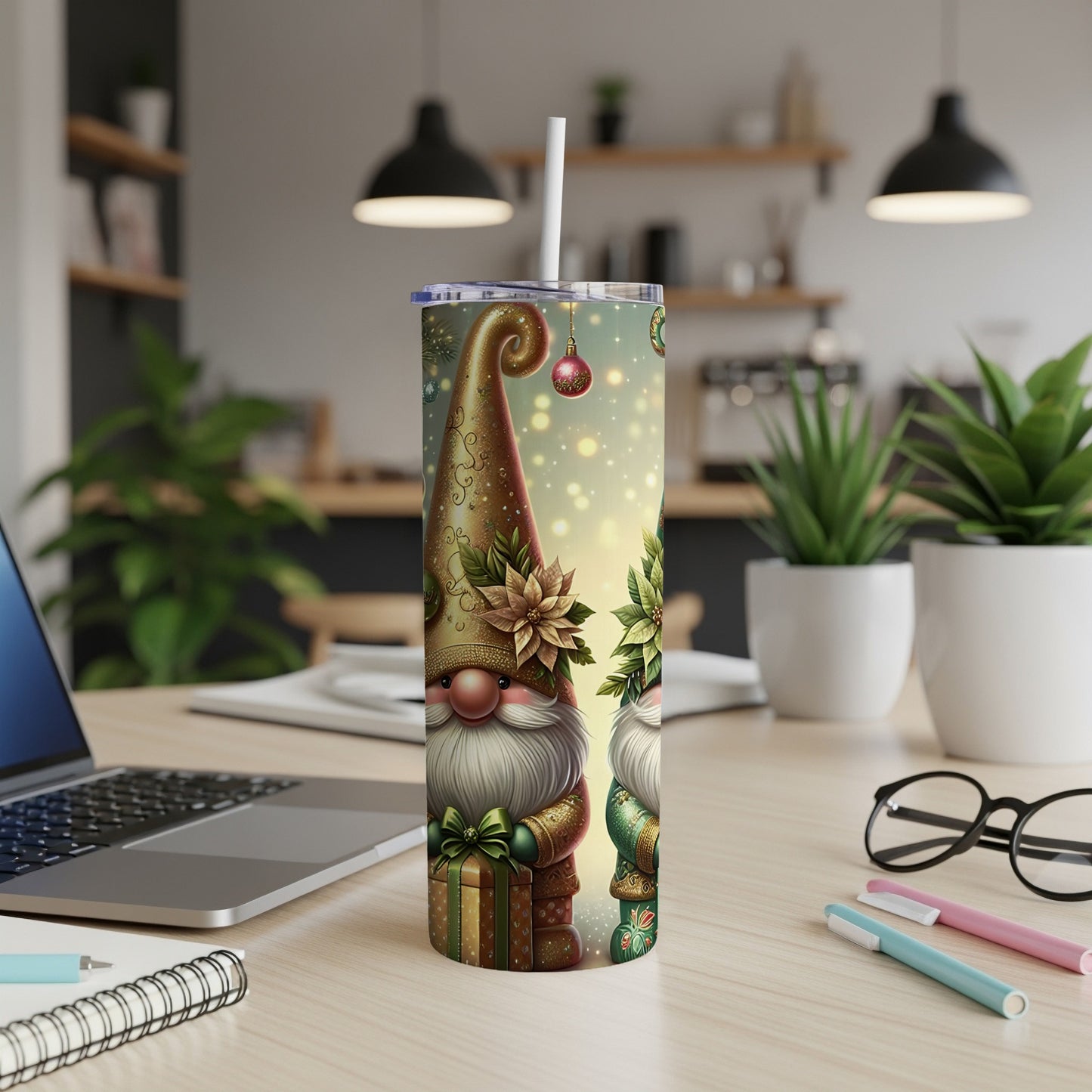 Christmas gnome tumbler with glittery background and festive accents.