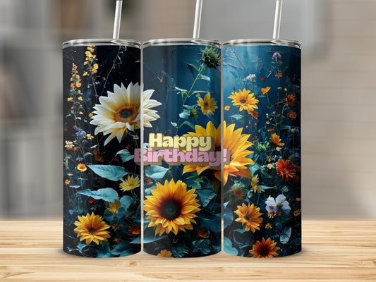 Three tumblers with sunflowers, daisies, and "Happy Birthday" text.