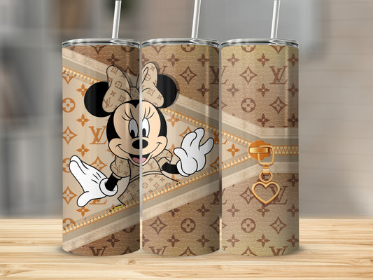 Minnie Mouse on designer pattern tumbler with zipper and heart charm.