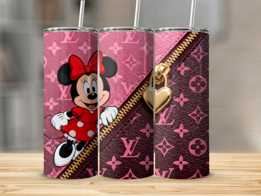 Minnie Mouse on pink monogram tumbler with gold zipper and lock.