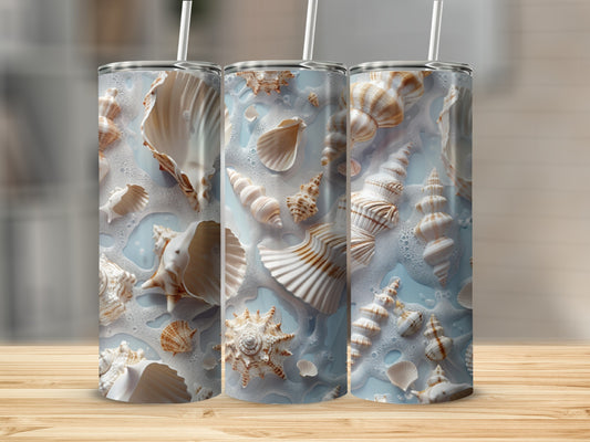 Three tumblers with a repeating pattern of seashells and bubbles.