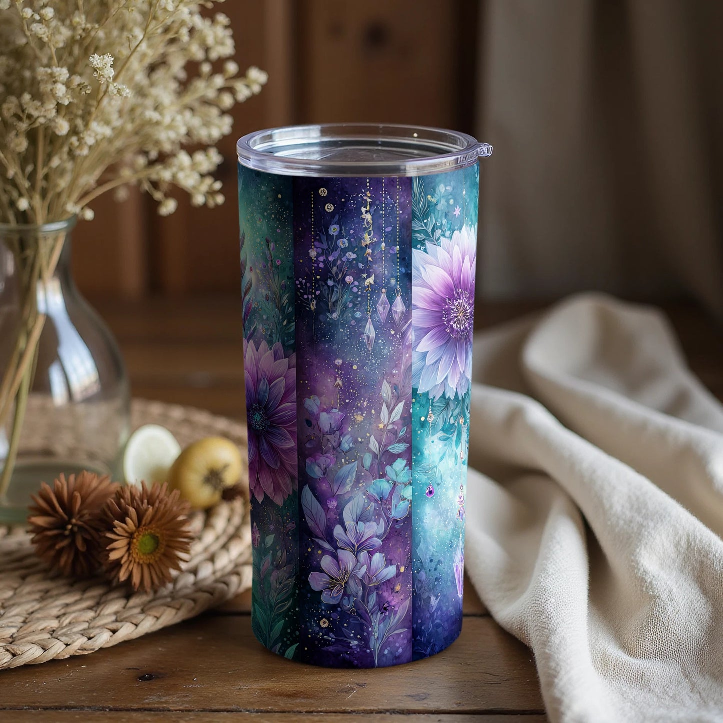 Floral Galaxy Art with Stars and Flowers Cup Tumbler