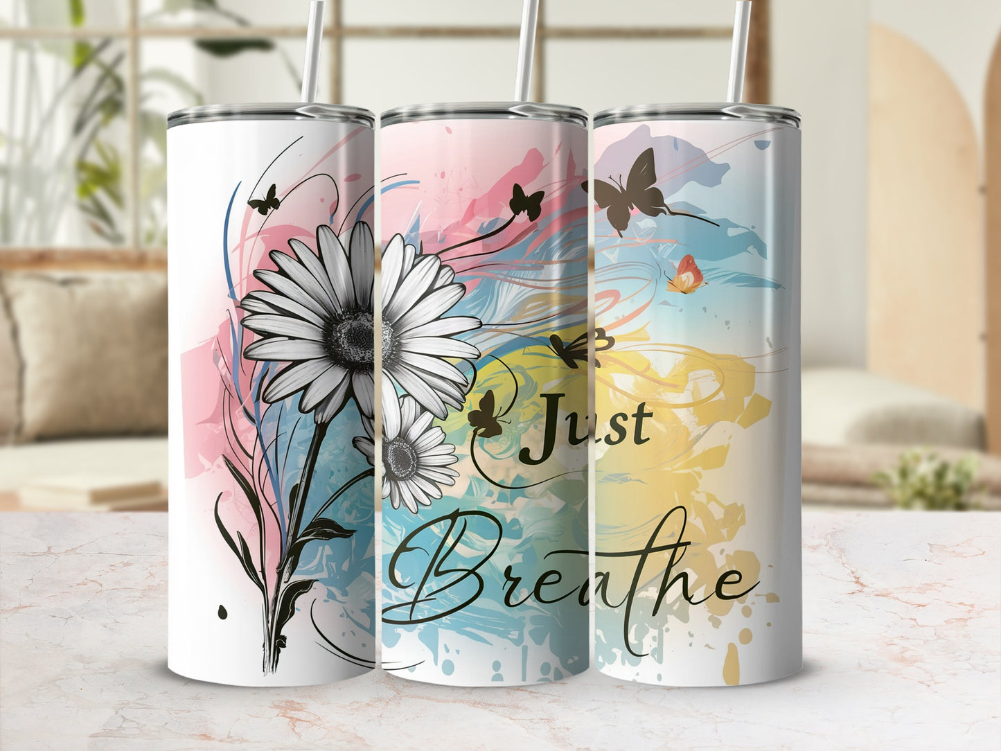 Just Breathe Floral Butterfly Design Tumbler