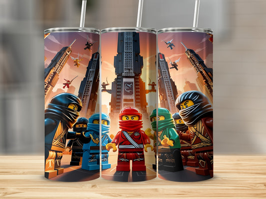 Ninjago characters in a city skyline, standing in front of a tall building.