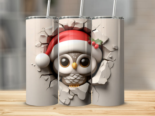 Cracked texture tumbler with a cute owl wearing a Santa hat.