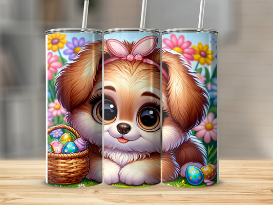 Cute cartoon puppy with Easter basket, flowers, and decorated eggs.