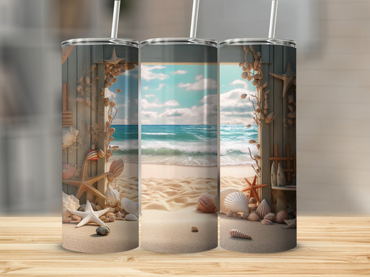 Three beach-themed tumblers with seashells and ocean views.
