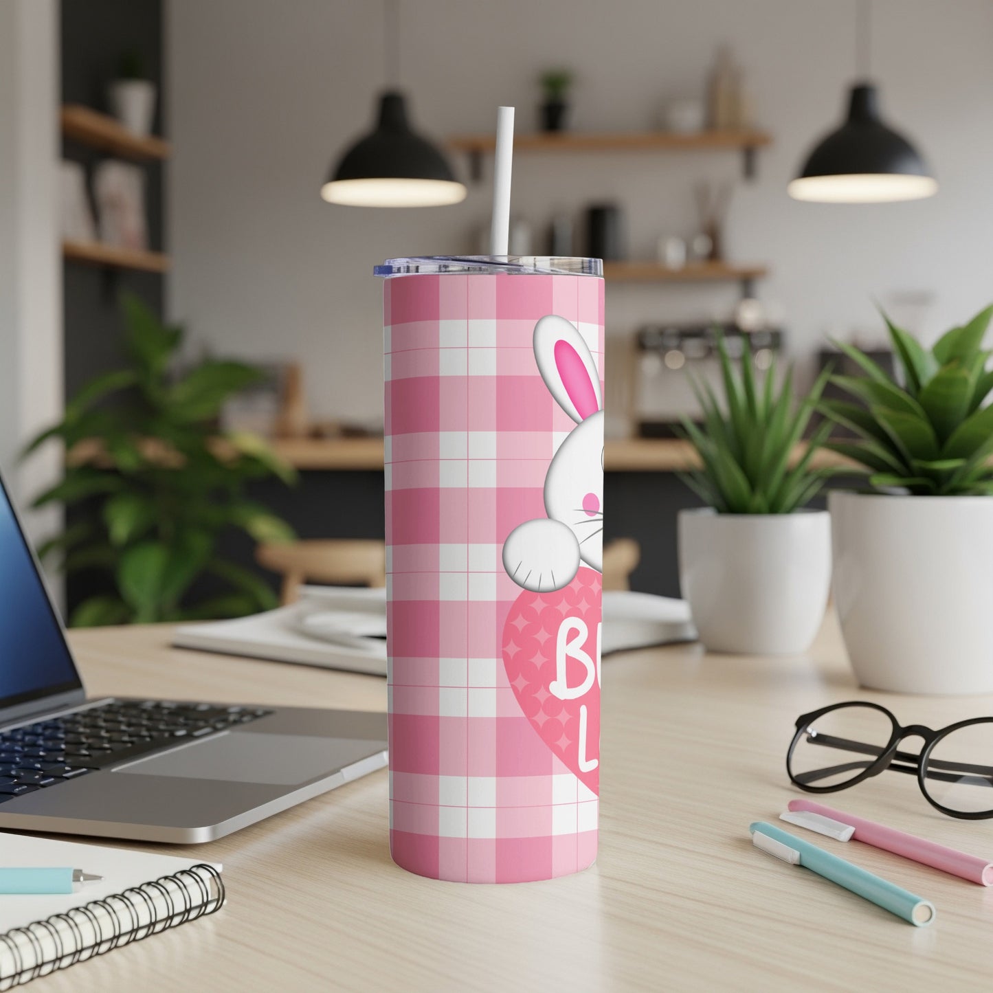 Pink gingham tumbler with bunny ears, heart, and "Bunny Love" text.