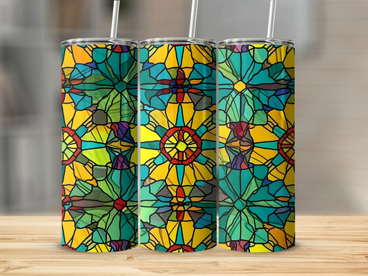 Three tumblers with stained glass-style floral pattern in yellow, blue, and red.